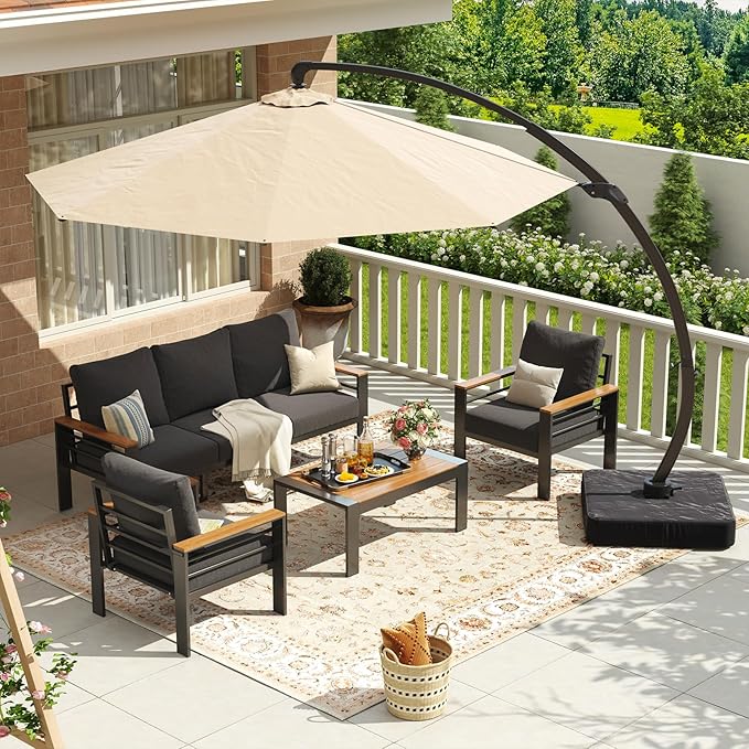 Aoxun Aluminum Patio Furniture Set with Umbrella 5 Seats, Oversized Outdoor Sectional with Washable Thick Cushions, Coffee Table and Waterproof Cover, Patio Conversation Sets for Porch, Balcony, Deck