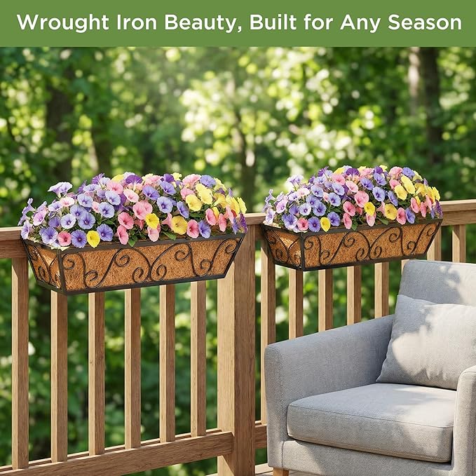 2pcs 24 Inch Window Deck with Coco Liner, 24" Window Boxes Horse Trough with Coconut Coir Liner, Metal Hanging Flower Planter Window Basket Deck Railing Planter Boxes for Outdoor Indoor Lawn