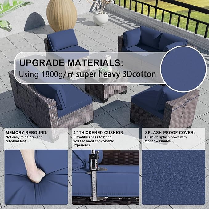 Kullavik 9 Pieces Outdoor Patio Furniture Set PE Wicker Rattan Sectional Sofa Patio Conversation Sets,Navy Blue