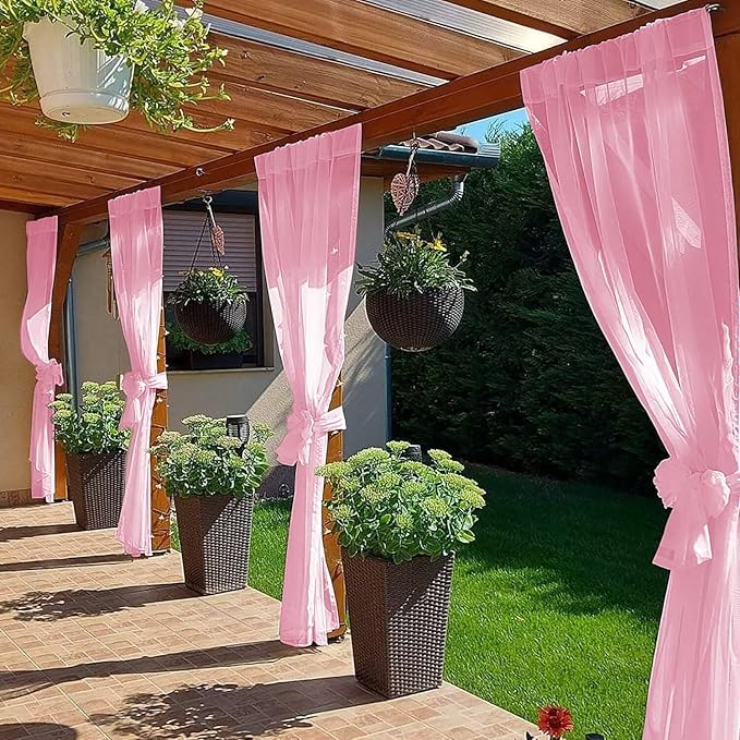 SpaceDresser Waterproof Outdoor Sheer Curtains for Patio - 4 Panels Rod Pocket Indoor Voile Sheer Curtain for Living Room,52W x 120L inch,Light Pink