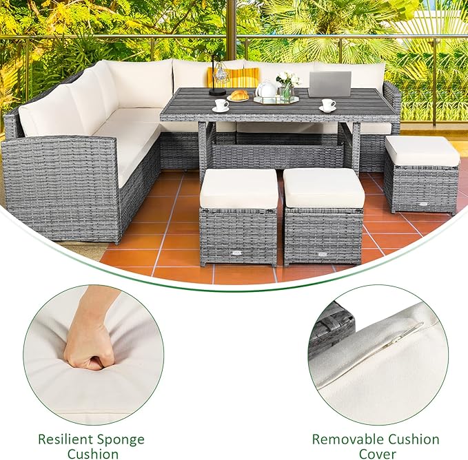 Tangkula 7 Pieces Patio Furniture Set, Outdoor Sectional Rattan Dining Sofa Set with Cushions, All Weather Wicker Conversation Couch Set with Dining Table & Ottomans for Yard Garden Poolside, White