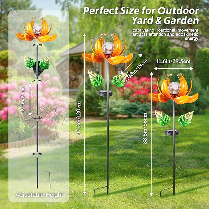 Outdoor Solar Lights Garden Decor,Wind Spinner Yard Decorations for Outside, Lotus Garden Windmill with LED Cracked Crystal Waterproof Flower Sculpture for Patio Lawn Gardening Gifts
