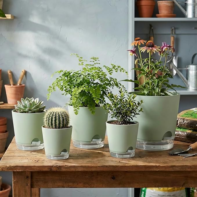 GARDIFE 2026 Upgraded Self Watering Plant Pots with Drainage Hole, 8/7/6.5/6/5.5/5/4 Inch Flower Planting Containers for House Plants, African Violet, Flowers, Cactus (Green, 8+7+6.5+6+5.5+5+4 inch)