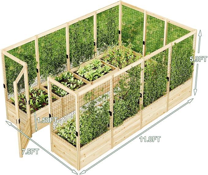 AMERLIFE Raised Garden Bed with Deer Proof Fence, 7.5Wx12Dx6H Outdoor Wooden Raised Garden Bed Planter with 19" Depth Planter Box