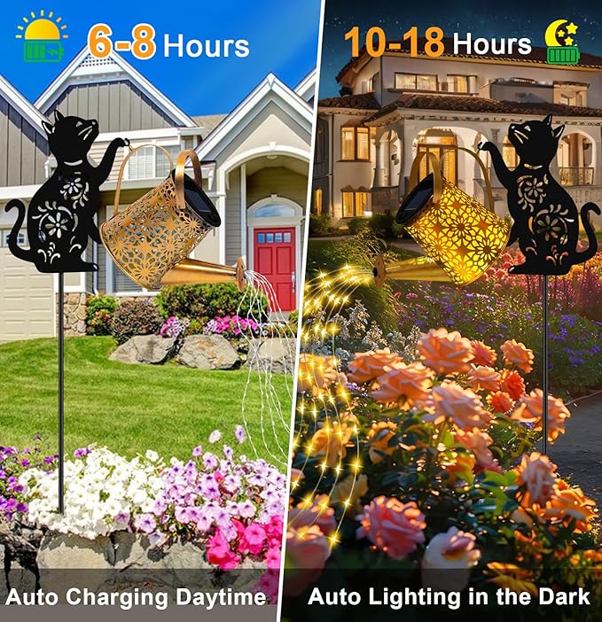 Solar Lights Outdoor Decorative, Watering Can with Cascading Lights, with Cat Silhouette Garden Stakes, Waterproof Metal Garden Decor for Yard Art, Outside, Patio, Lawn 2PACK