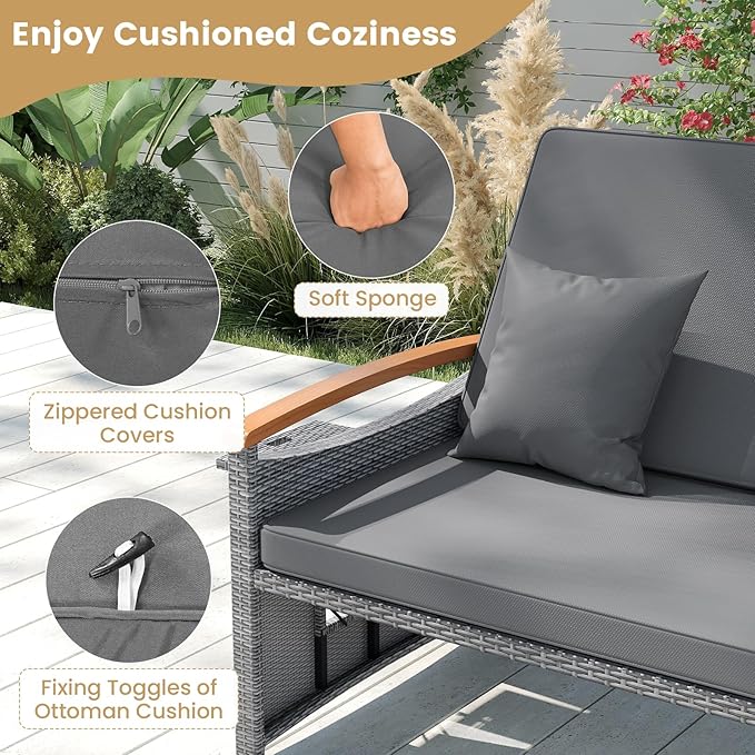 Tangkula Patio Rattan Daybed with 4-Level Adjustable Backrest, Outdoor Wicker Loveseat with Acacia Wood Armrest, Storage Ottoman & Folding Tray, Double Sunbed for Balcony, Backyard & Poolside (Grey)