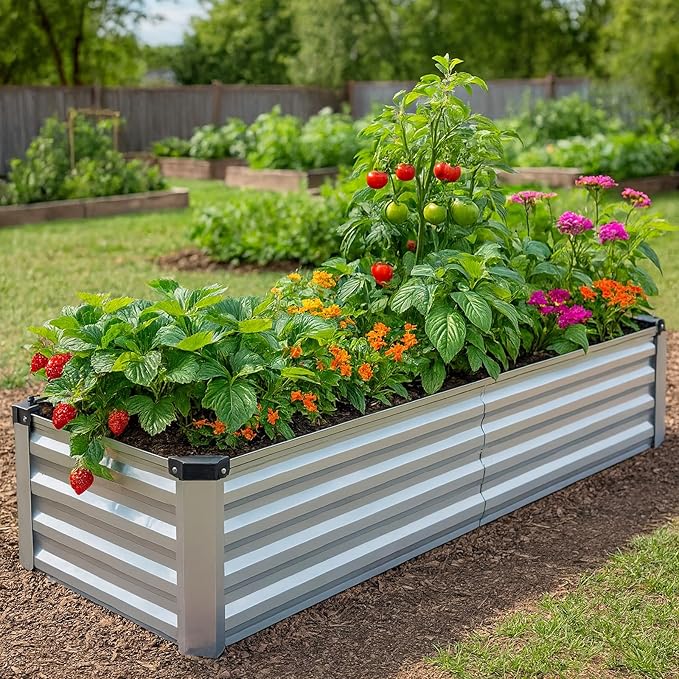 2 Pack 6x1.5x1FT Galvanized Metal Raised Garden Bed Kit for Vegetables, Herbs, Open-Bottom Large Capacity Outdoor Planter Box Gardening Stakes, Silver