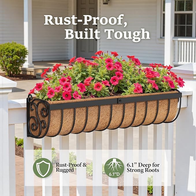 Railing Planter Boxes, 30 Inch Window Boxes Planters, Balcony Planters with Adjustable Brackets & Coco Liner & Support Rod for Outdoor Fence, Deck, Porch, and Patio Gardening, 3 Pack