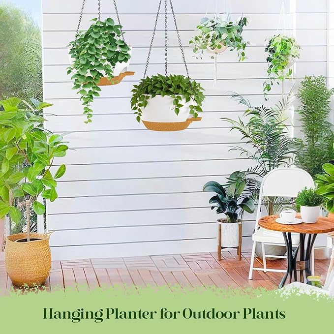 2 Pack 10 Inch Self Watering Hanging Planters for Indoor Plants, Large White Brown Plastic Hanging Pots with Chains for Outdoor Patio Garden Home Decor (White Brown)