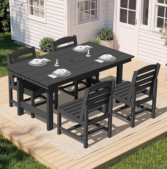 SERWALL Patio Dining Sets for 6 Person, HDPE Dining Set with 6 Armless Chairs, Black