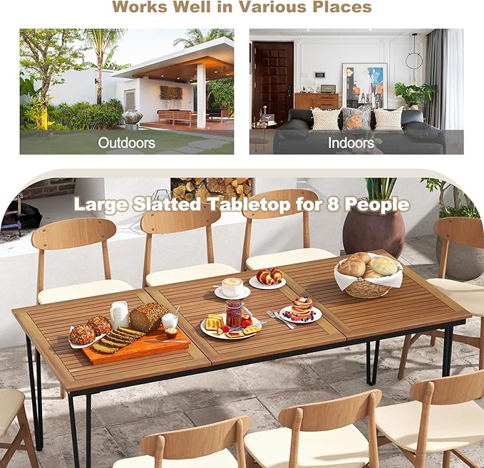 Tangkula 79 Inch Outdoor Dining Table for 8, Acacia Wood 8-Person Patio Table with 1.9 Inch Umbrella Hole, Metal Legs & Adjustable Foot Pads, Rectangular Outside Table for Garden, Poolside & Backyard