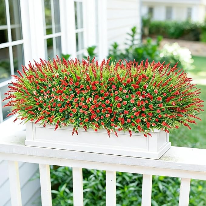 HyeFlora 20 Bundles Artificial Fake Outdoor Plants Flowers for Spring Decoration, UV Resistant Realistic Red Plastic Flowers Faux Plant Monkey Grass for Planter Home Garden Porch Patio Window Box