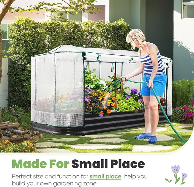 KING BIRD Raised Garden Bed with Cover Galvanized Oval Planter Garden Box Outdoor for Gardening, Vegetables, Flowers 94.5x47.2x11.8 in, White