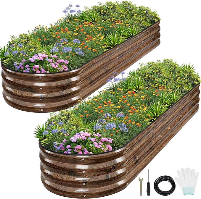 1MORE Galvanized Raised Garden Bed- Planter Garden Boxes Outdoor, Raised Beds for Gardening,Metal Garden Bed Kit for Vegetables Flower, Planter Raised Beds.8x2x1ft Grain-2pcs