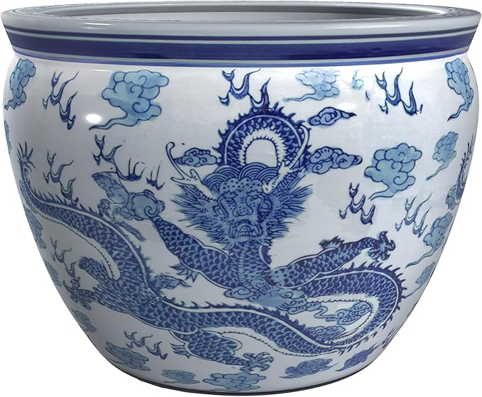 16" Dragon Blue & White Porcelain Fishbowl