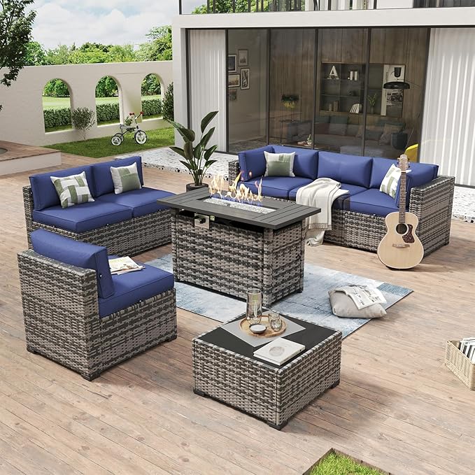 Aoxun 8 Piece Patio Furniture Set with 44” Fire Pit Table Paito Conversation Set Wicker Rattan Outdoor Sectional Sofa Set with Waterproof Cover and Thickened Cushions (Grey/Blue)