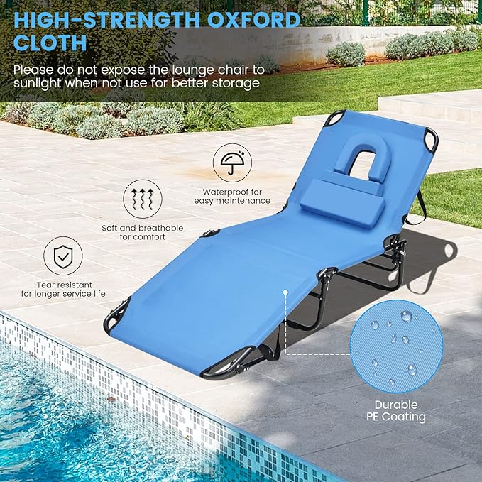 GYMAX Tanning Chair, 350lbs Beach Lounge Chair with Face Hole, Washable Pillow & Carry Strap, Adjustable Folding Chaise Lounge, Layout Lounger for Outside, Patio, Poolside, Lawn (1, Blue)