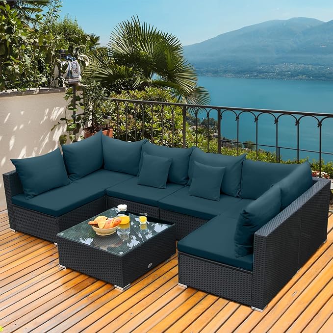 Tangkula 7 Piece Patio Furniture Set, Outdoor Wicker Sectional Sofa with Pillows and Cushions, and Coffee Table, Patio Conversation Set for Garden, Lawn (Peacock Blue)
