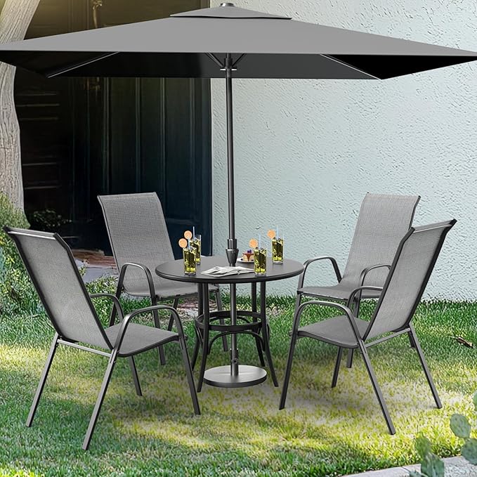 VINGLI Patio Chairs Set of 6 – Stackable Outdoor Dining Chairs with Comfortable Sling High Back Chairs and Armrests for Lawn, Poolside, Courtyard, Balcony, Garden, Silver Gray