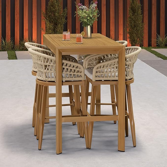 PURPLE LEAF Outdoor Rattan 29" Bar Stools Set of 2, Modern Boho Aluminum Patio Bar Height Chair with Cushion and Back for Outdoor and Indoor, Teak