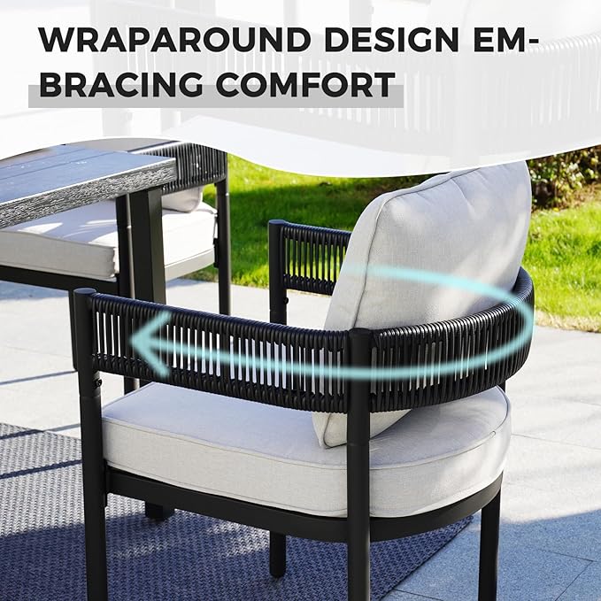 Grand patio 5-Piece Outdoor Dining Set for 4 with 1 Rectangle Expandable Table for 4-6 Person, Metal Woven Wicker Fixed Patio Chairs with Thickened Cushions for Yard, Poolside (Black)