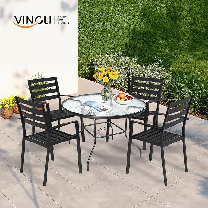 VINGLI Round Patio Table with Umbrella Hole, 40" Outdoor Dining Table Steel Tempered Glass Patio Tables Round Outdoor Tables for Balcony Garden Deck
