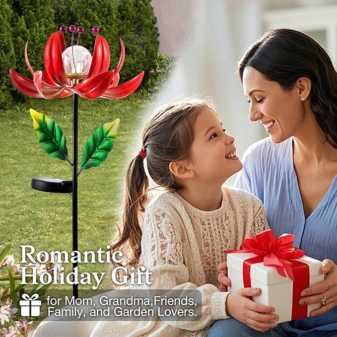 Solar Lights Outdoor Wind Spinners, Metal Lotus Flower Garden Decor with Waterproof LED Crackle Glass Globe for Patio Lawn Yard Outdoor Decor