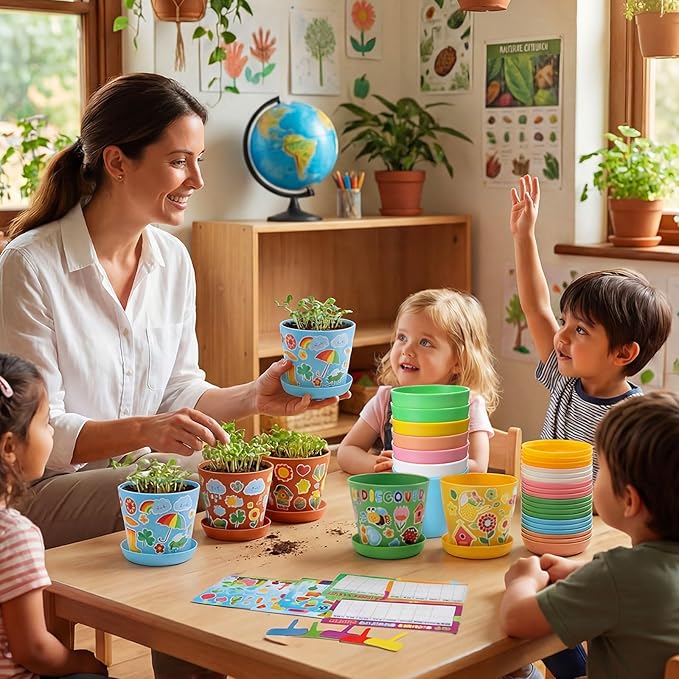 Capoda 48 Sets Garden Flower Pots Crafts Kit DIY Spring Plastic Seedling Nursery Pots with Stickers Plant Labels Growth Charts Planting Growing Tools Classroom Activities Project Gifts (Colorful)