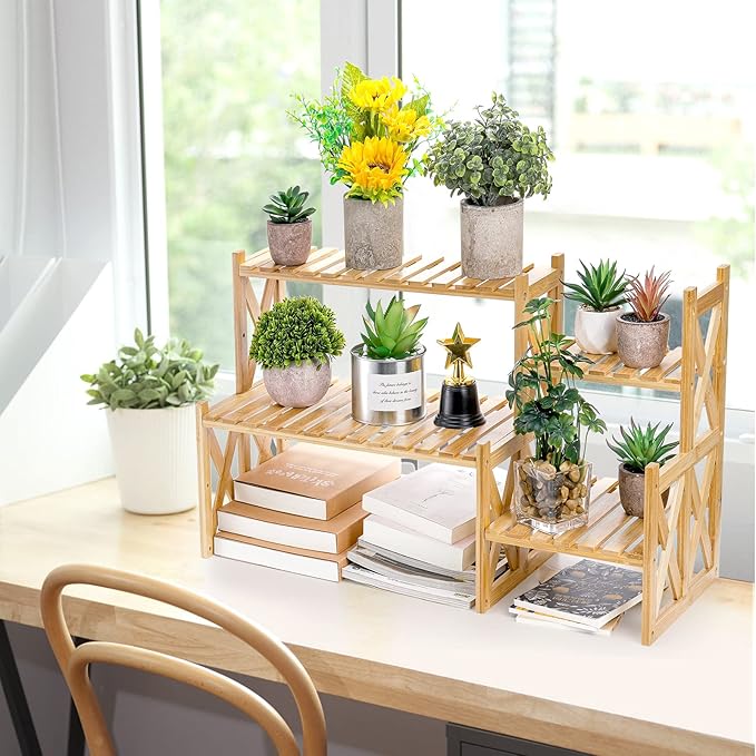 Lawei 2 Tier Bamboo Tabletop Plant Stand, Adjustable Flower Pot Holder Shelf Planter Display Stand, Small Desktop Ladder Plant Rack for Indoor Outdoor Home Patio Lawn Garden Balcony Organizer