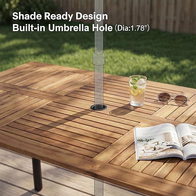 Flamaker Acacia Wood Patio Outdoor Dining Table for 6, Outdoor Table with Umbrella Hole and Metal Legs for Garden, 63’’L x 36’’ W x 30’’ H