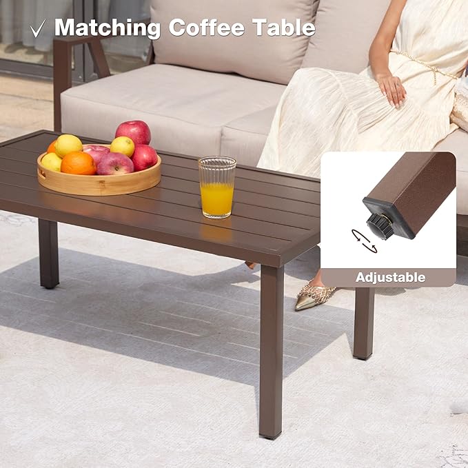 Outdoor Patio Furniture Set, 4 Pieces Metal Patio Furniture Set with Coffee Table, Modern Outdoor Conversation Seating with 6.5" Thick Cushions, Beige