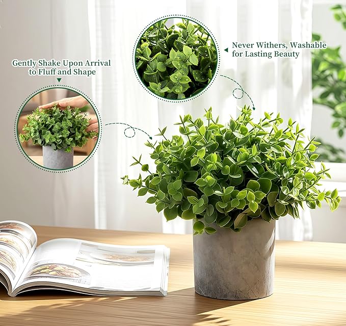 Fake Plants,5 Pack Small Fake Plants Mini Potted Artificial Eucalyptus Greenery Plastic Green Grass Plants for Indoor Outdoor,Mini Faux Plant for Shelve Desk Table Farmhouse Bathroom Shelf Decor