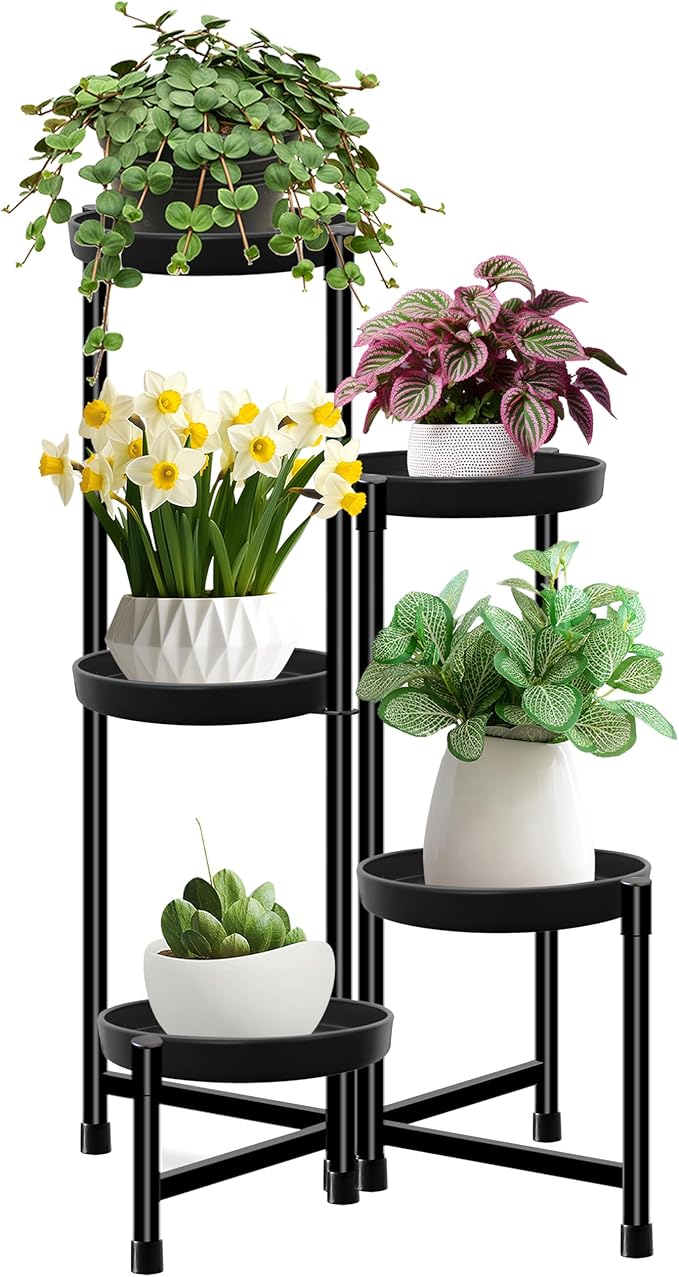 CASIMR Plant Stand Indoor Outdoor, Tall Black Metal Rustproof Stable Plant Stands, 5 Tier 31.6 inch Foldable Multiple Plants Rack Holder Rack Flower Pot Stand Heavy Duty Plant Shelf, Black