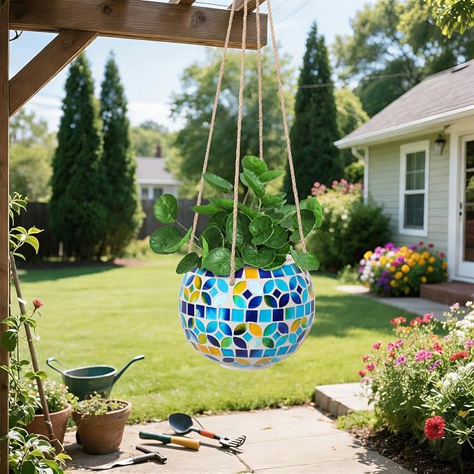 Ceramic Hanging Planter Mosaic Hanging Flower Pot Small Plant Pot for Indoor Plant Disco Ball Planter with Drainage Square Blue