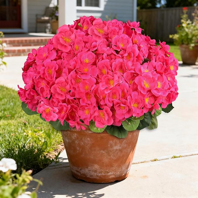 Artificial Geraniums Flowers for Outdoors, 6 Bundles Realistic Silk Fake Geranium, No Fade Faux Plants for Hanging Baskets, Window Boxes, Planters - Porch, Patio, Garden Decor(Rosy)