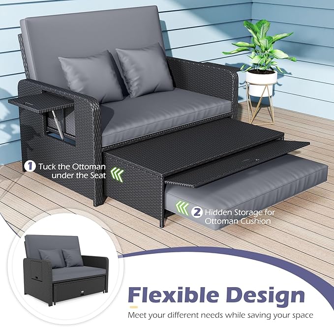 Tangkula Patio Rattan Daybed with 4-Level Adjustable Backrest, Outdoor PE Wicker Loveseat with Storage Ottoman & Folding Side Tray, Double Sunbed Lounger for Balcony, Backyard & Poolside (Grey)