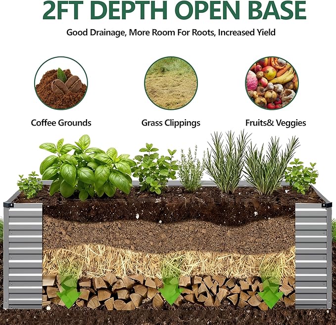 Vengarus 12x2x2FT Galvanized Raised Garden Bed Kit, Large Rectangle Elevated Planter for Vegetables, Flowers, Herbs and Succulents - 359 Gallon Capacity,Silver