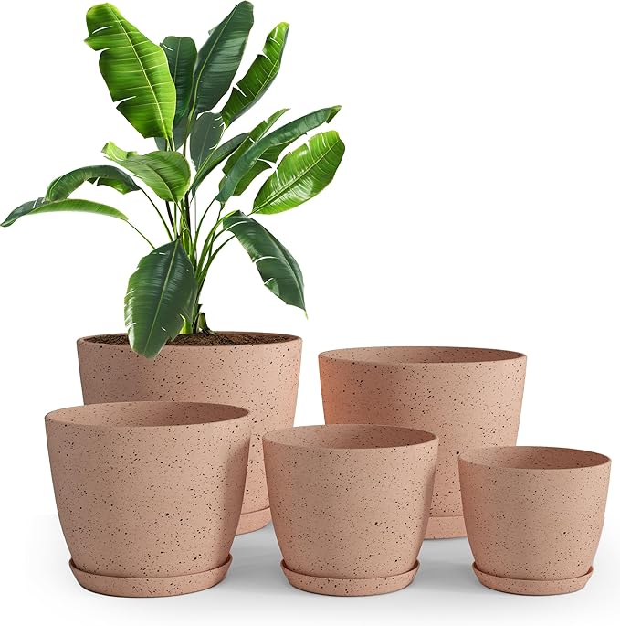 Utopia Home - Spotty Plant Pots Indoor with Drainage - 7/6.6/6/5.3/4.8 Inches Flower Pots - 5 Pack Plastic Planters - Ideal for Stocking Stuffers - (Speckled Peach Pink, Pack of 5)
