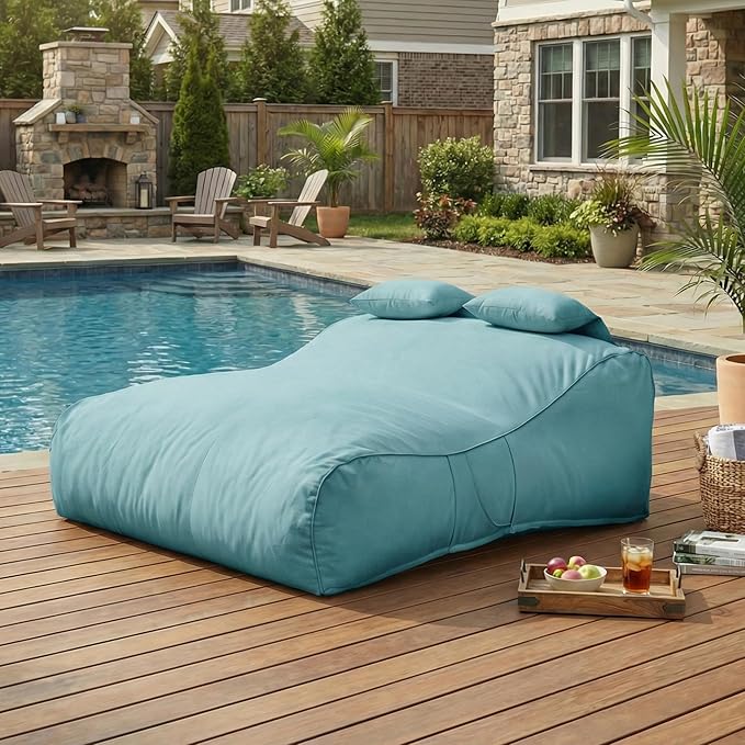 Merax Outdoor Bean Bag Chair Sun Lounger for 2 Adult, 73" Big Comfy Outdoor Bean Bag Daybed Couch with Headrest, Water-Resistant Fabric Patio Chaise Lounger Chair for Pool Balcony Beach Deck, Teal