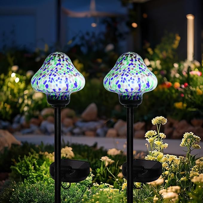 Solar Outdoor Lights Decorative Solar Glass Mushroom Lights Waterproof LED Waterproof Garden Stake Light for Walkway Pathway Lawn Patio Yard Decorations 2 Pack Multi