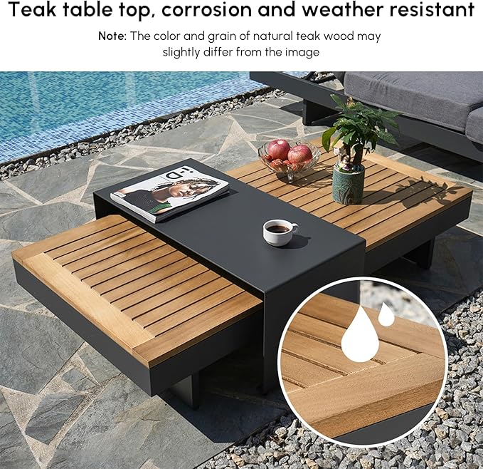 homary Outdoor Conversation Sets, 6 Piece Aluminum & Teak Patio Sectional Sofa Set with Adjustable Backrests, Waterproof Cushions, Ideal for Patios & Balconies | Outdoor Materials, Fade Resistant, Modular design