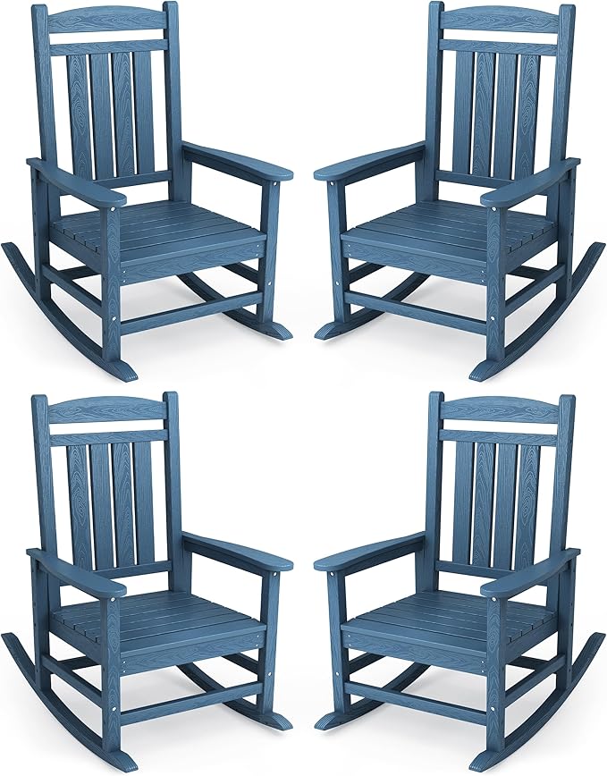 KINGYES Oversized Outdoor Rocking Chair Set of 4, High Density Polyethylene Patio Rocking Chairs with 330lbs Support for Adults, Navy