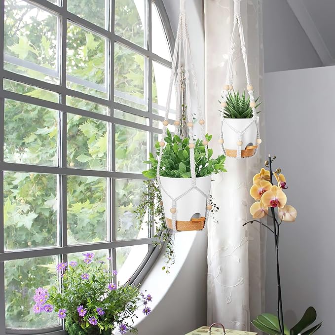 GARDIFE Hanging Planters for Indoor Plants,5Pcs Hanging Basket for Indoor Boho Home Decor,Macrame Plant Hanger,35 Inches,29Inch,23Inch, Ivory,Self Watering Planters, 7/6.5/6/5.5/5 Inch,White&White