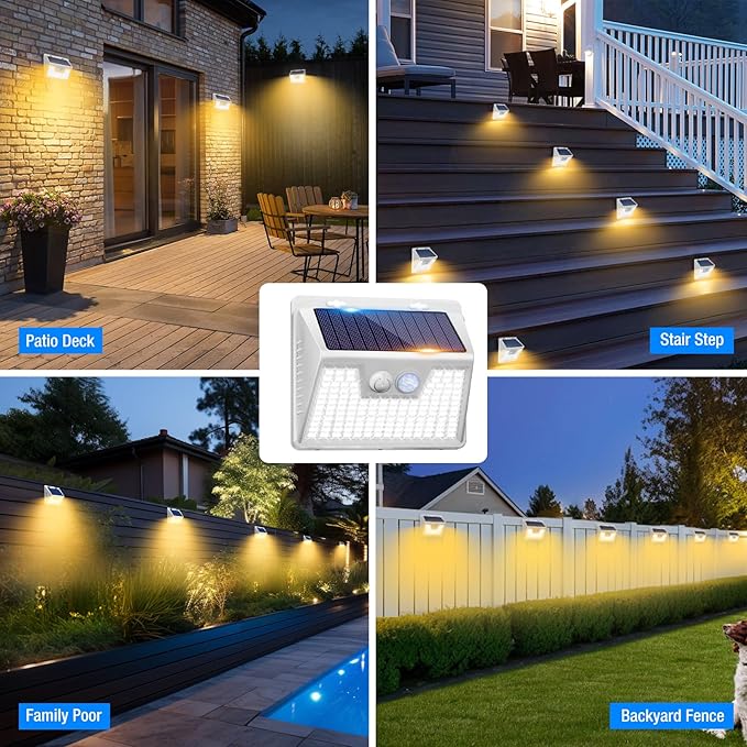 Peasur Solar Lights Outdoor Motion Sensor Waterproof, 4Pack 140LED White Solar Powered Fence Lights, 3 Modes Security Wall Lights for Garden Yard Outside Warm