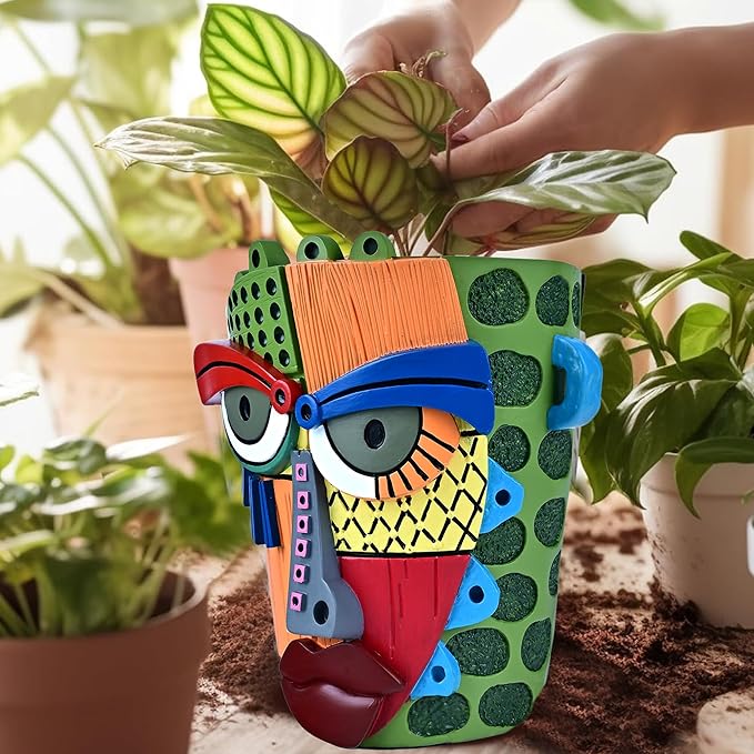 Abstract Face Planter Pots for Plants,Hand-Painted Colorful Flower Pots with Drainage, Indoor Outdoor Garden Decor Gift(Modern,Large)