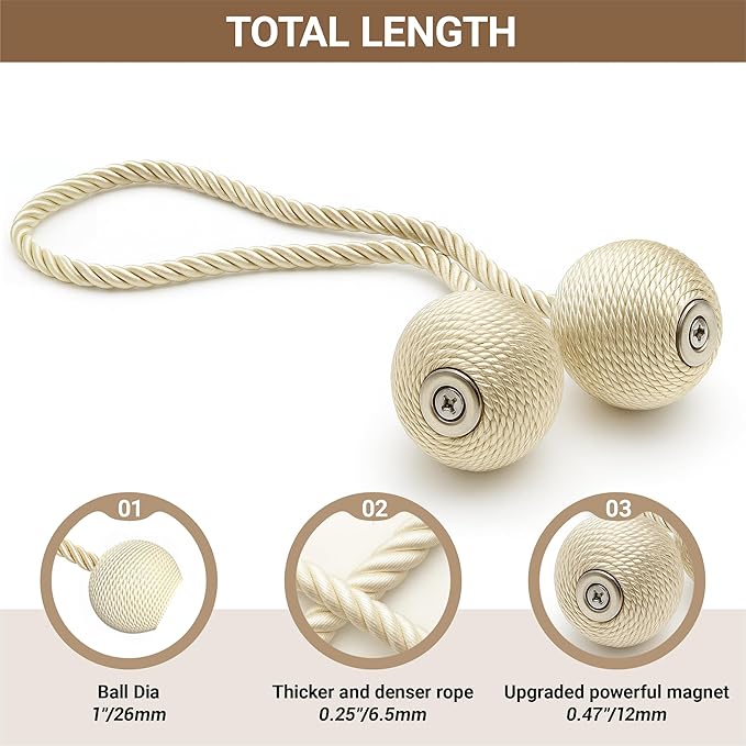 Hion Magnetic Curtain Tiebacks Beige 2pcs, Curtain Tiebacks Buckles Holdbacks Holders Hooks Clip for Home Bedroom Office Decorative Curtain