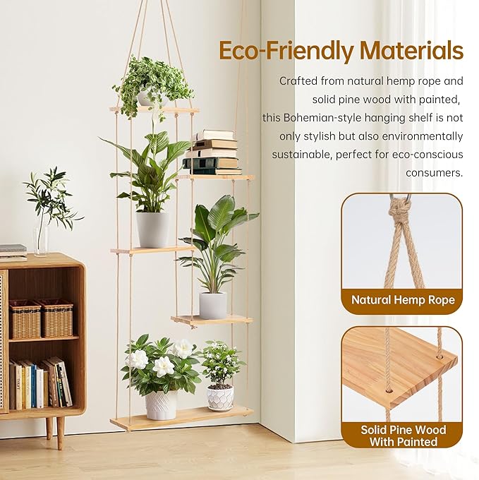 Hemp Rope Hanging Window Plant Shelf from Ceiling for Narrow Space Boho Hanging Plant Shelves, Natural Pine Wooden Plant Hanger Display for Indoor