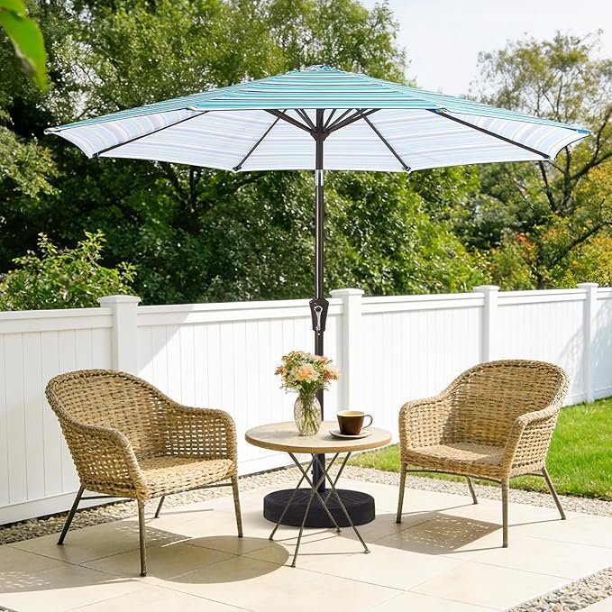 MEWAY 9ft Patio Umbrella Outdoor Table Umbrellas with Push Button Tilt and Crank, Market Umbrella 8 Sturdy Ribs for Deck, Garden, Pool and Backyard, Blue Green Stripe