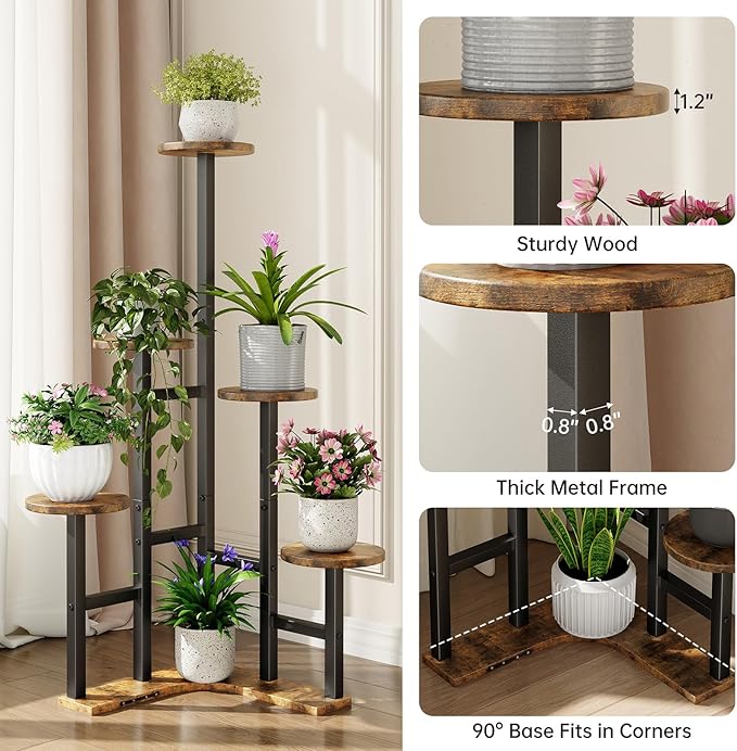 Corner Plant Stand Indoor, 6 Tiered Corner Plant Shelf Flower Stand for Multiple Plants, Plant Shelves Organizer Rack for Living Room, Balcony, Patio, Garden, Round Rustic Brown