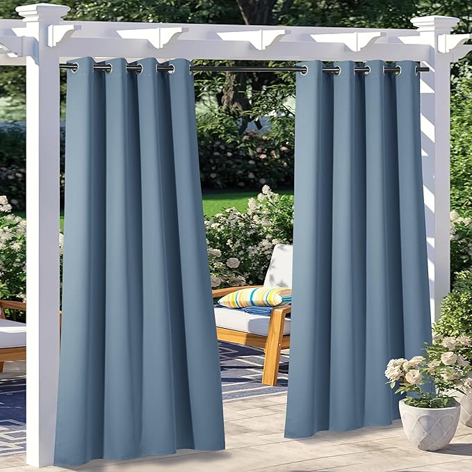 NICETOWN 2 Panels Stone Blue Patio Outdoor Curtains Waterproof, Thermal Rustproof Grommet Blackout Indoor Outdoor Curtains Room Darkening Window Treatments for Pool, W52 x L84